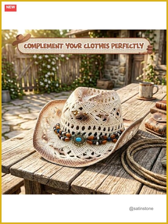 Unisex Western Straw Cowboy Hat with Decorative Bead & Leather Band main image 4